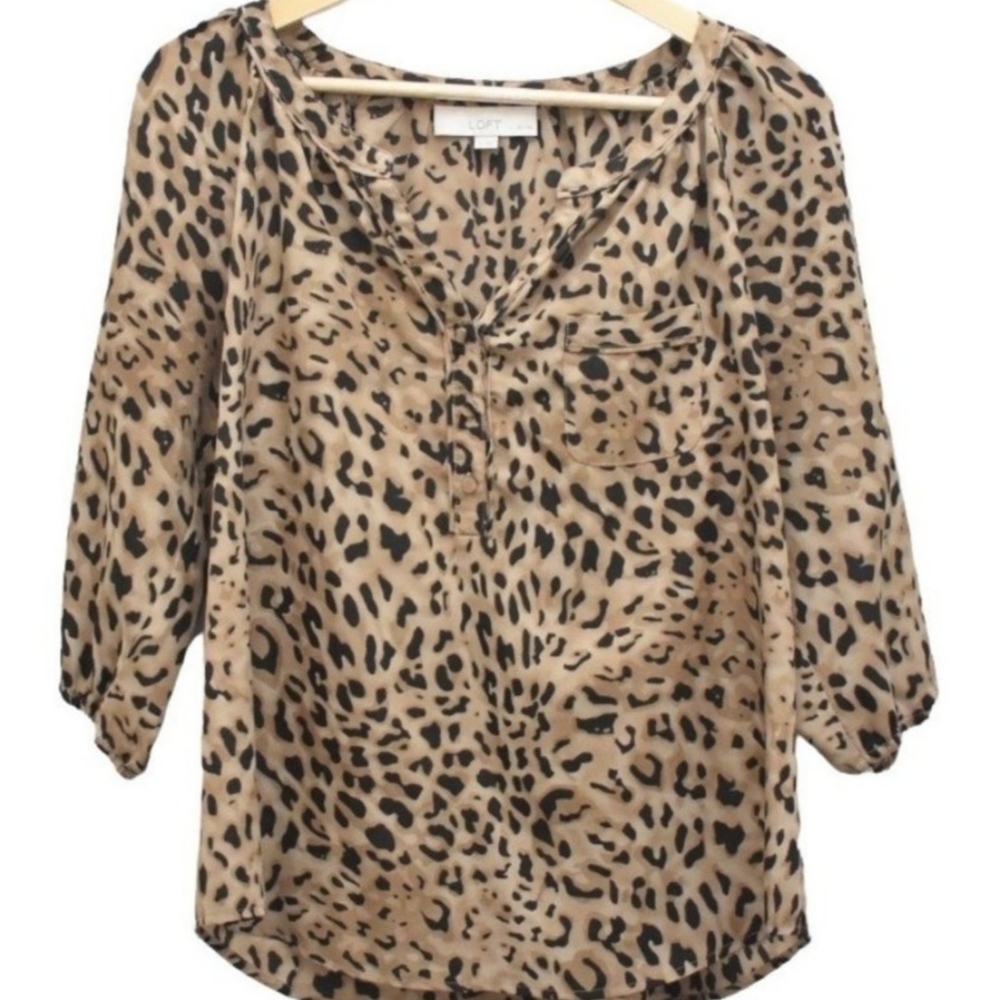 LOFT Leopard Print 3/4 Puff Sleeve Button Neck Chiffon Top Women's Size LP